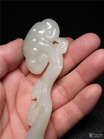 和田青白玉圆雕仙桃子母灵芝大如意摆件 0520